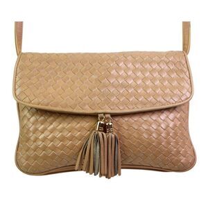 Charter Club BRAIDED BEIGE GENUINE LEATHER FLAP X-BODY SHOULDER BAG CLUTCH PURSE